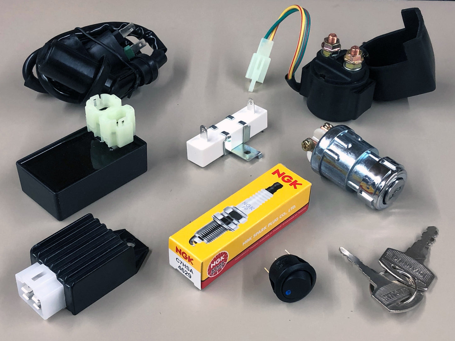 GY6 DC Parts Kit - NGK Spark Plug, DC CDI, Ignition Coil, Solenoid, Switches (No Rev Limit)